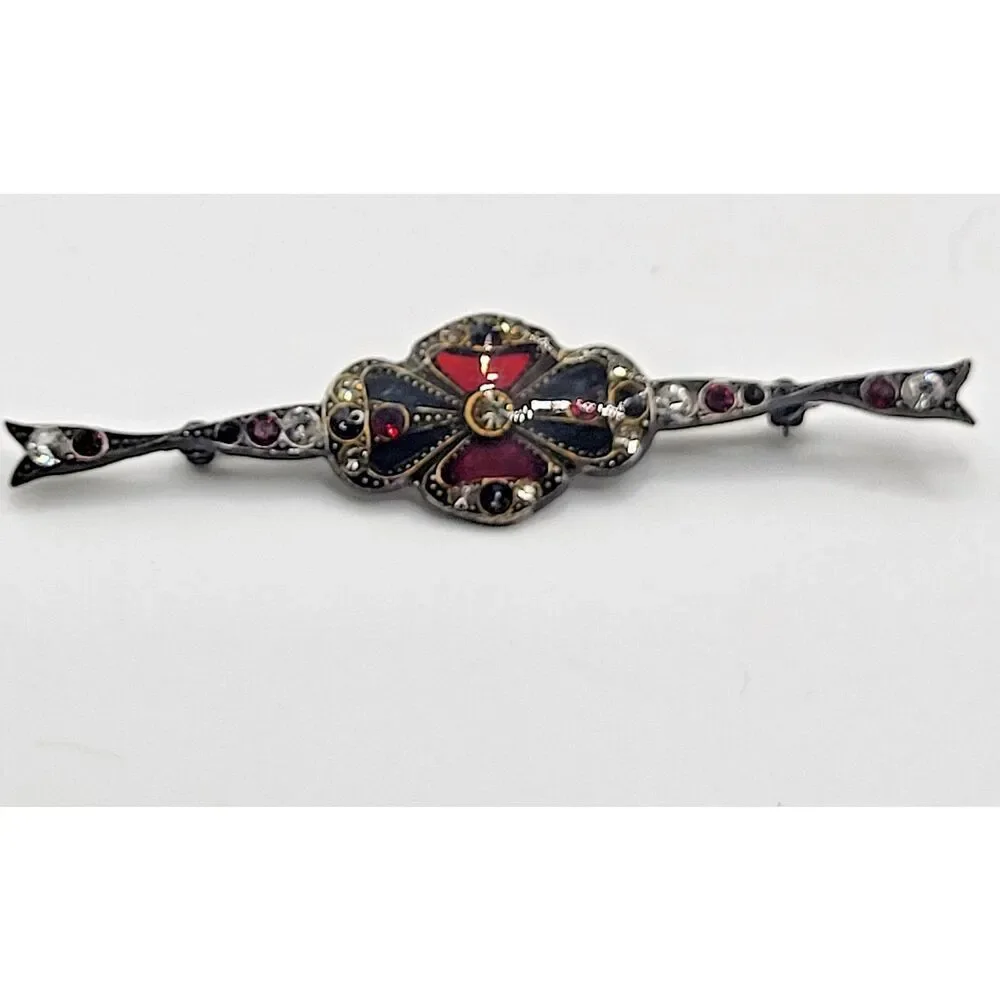 Victorian Style Bar Brooch Black Red White 3in